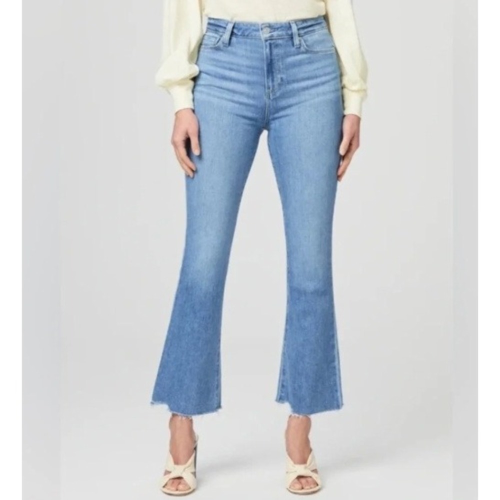 PAIGE Claudine High Rise Ankle Flare Jeans Raw Hem Medium Wash Blue Size 32